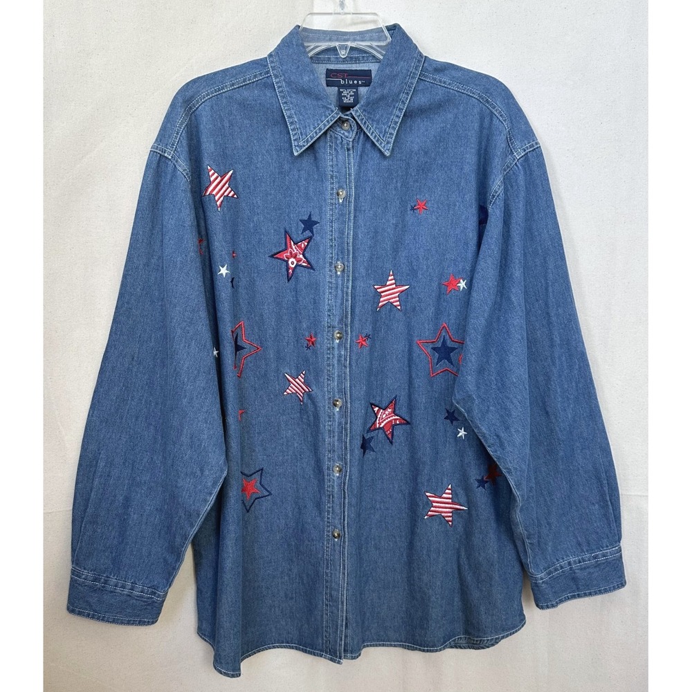CST blues Womens‎ Denim Star Embroidered Button Down Shirt Blue 18 Americana Vtg